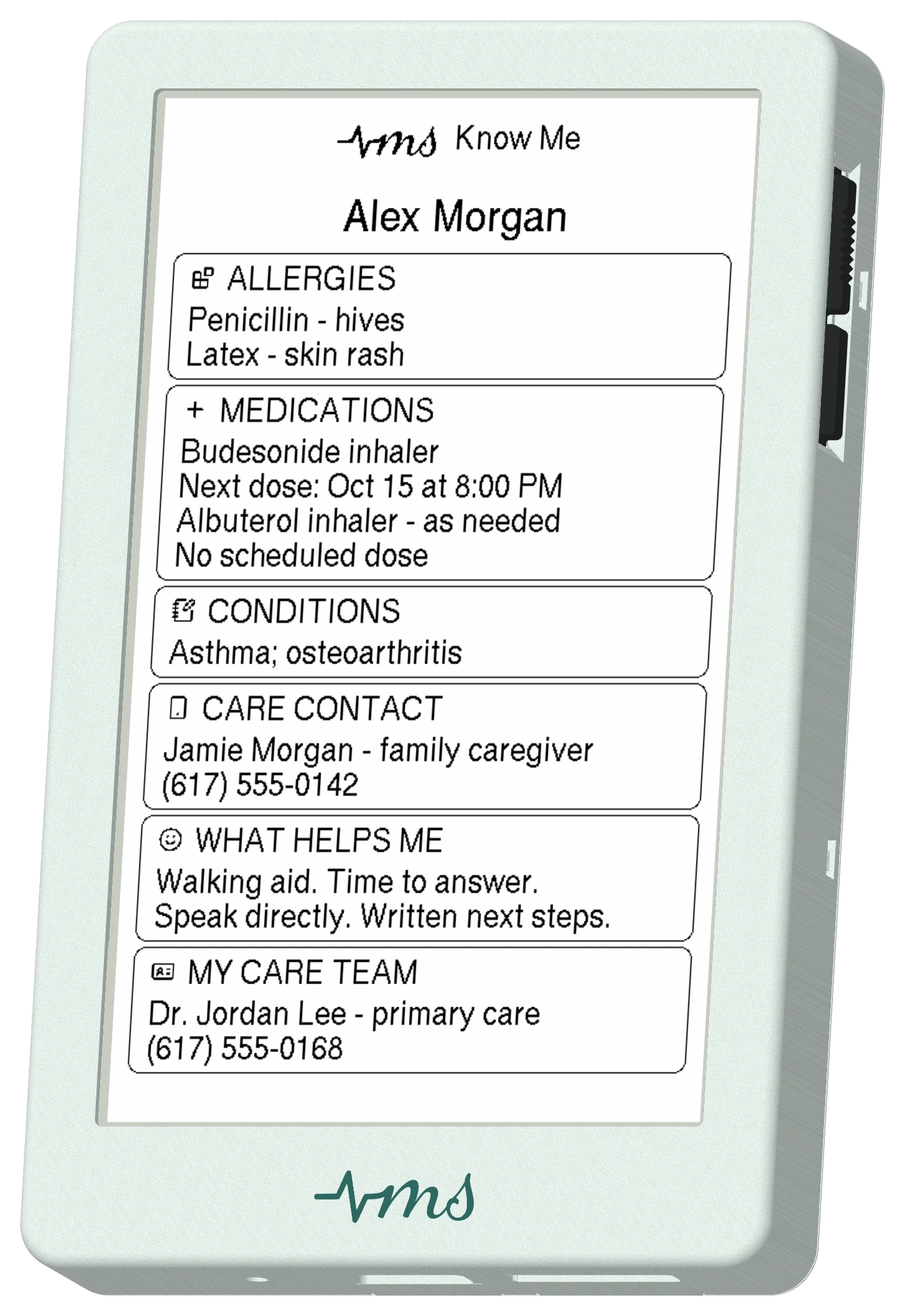 The complete Medscribe companion showing Alex Morgan’s Know Me card