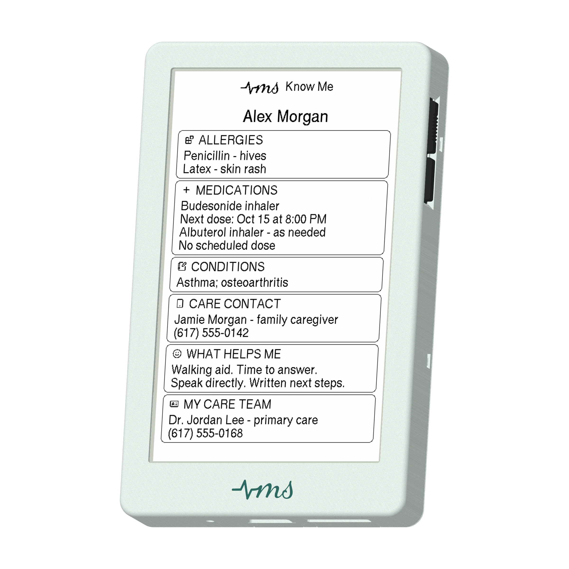 Medscribe e-paper companion showing the resting Know Me card with allergies, medications, conditions, care contacts, and support preferences