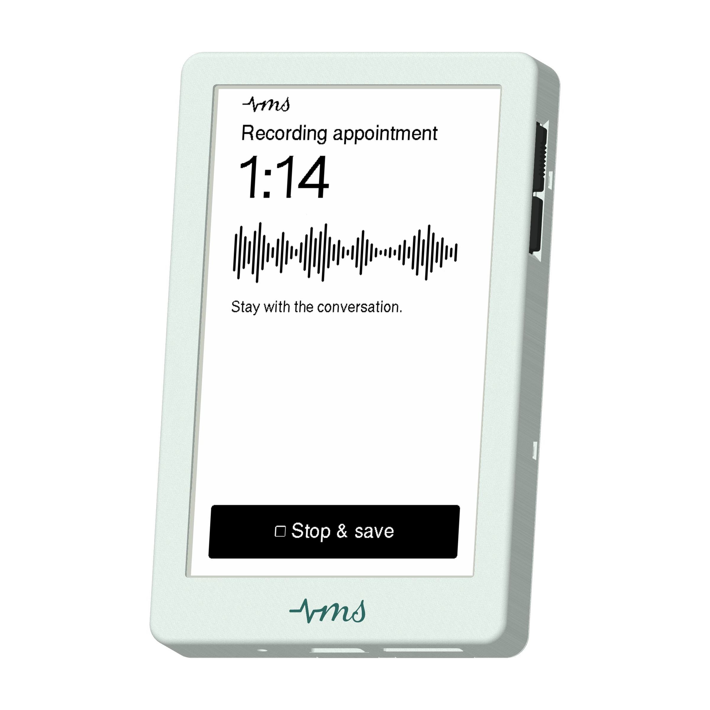 Medscribe e-paper companion showing appointment recording with a waveform