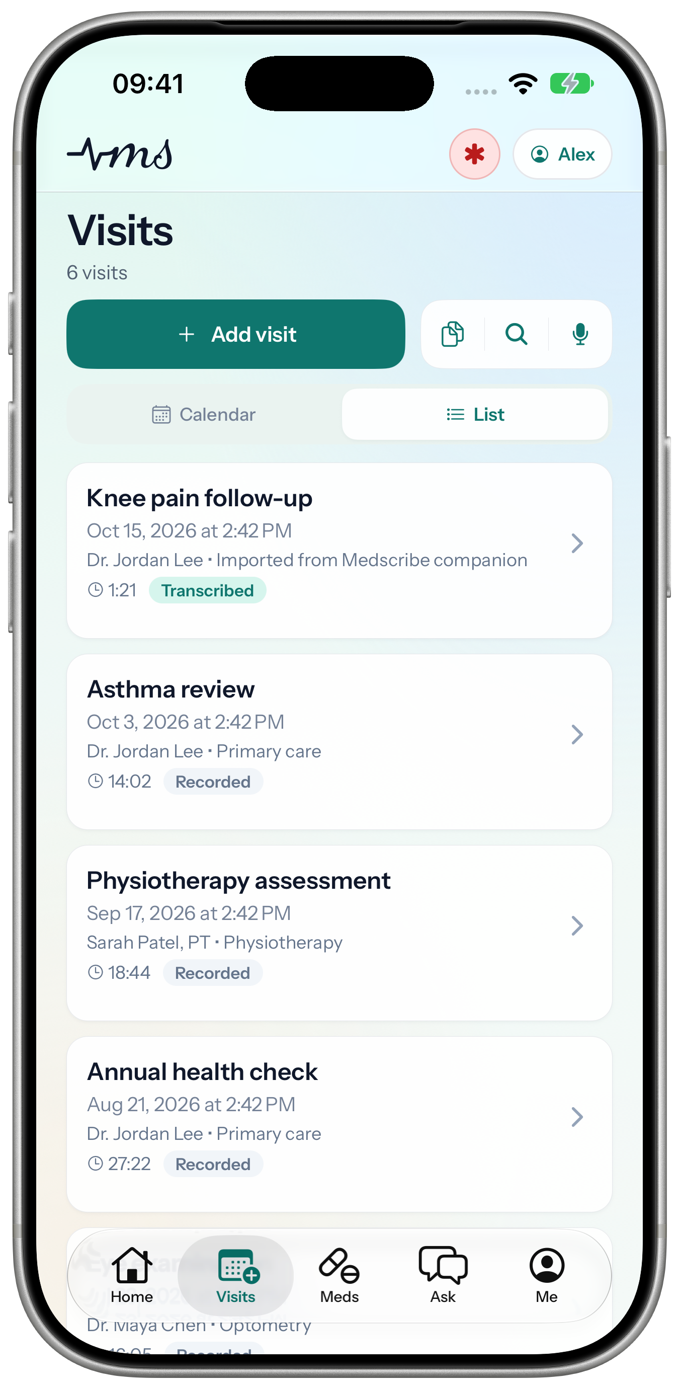 Medscribe on iOS 27 showing Knee pain follow-up with Dr. Jordan Lee, imported from the Medscribe companion