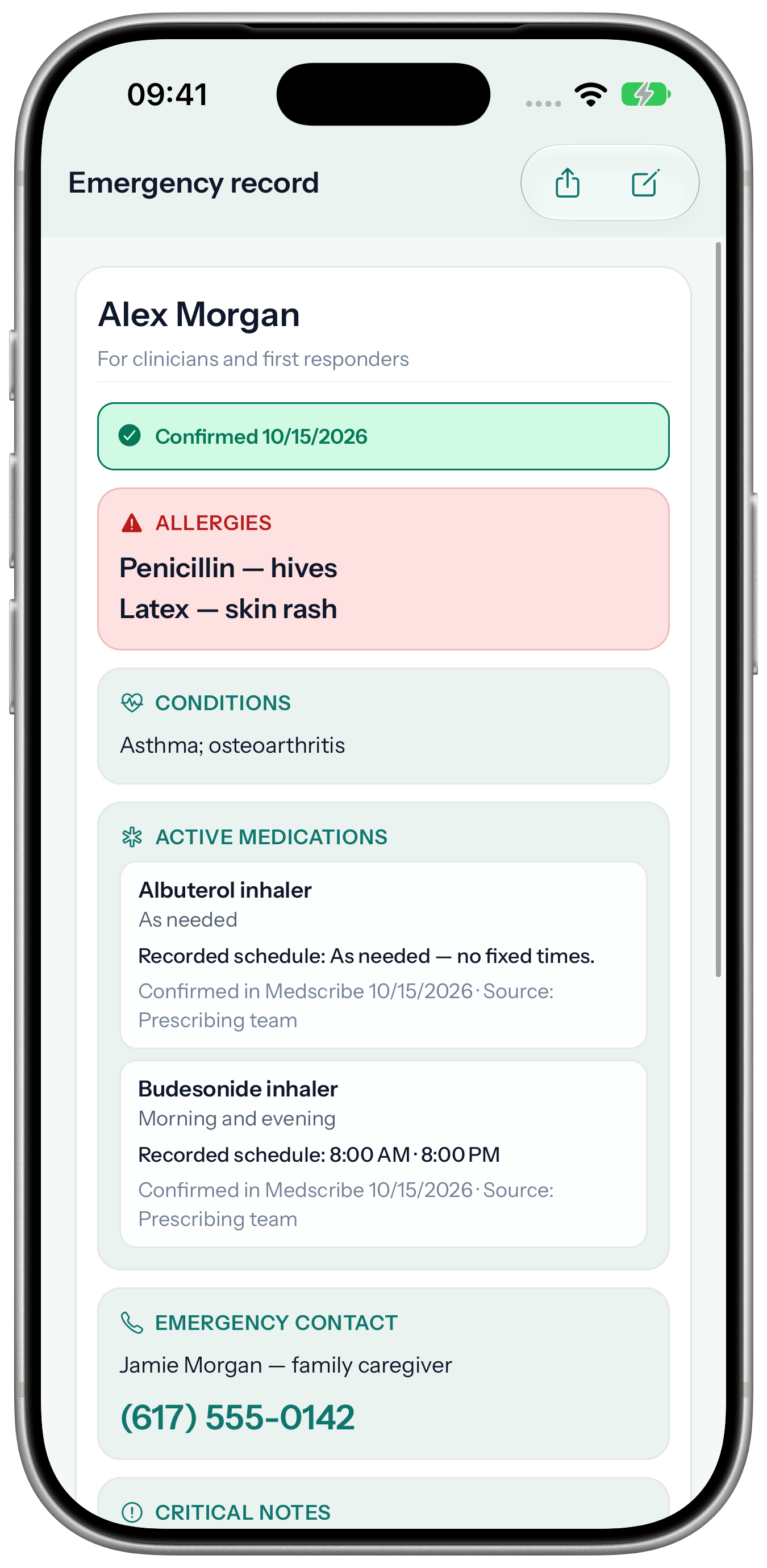 Alex Morgan’s Know Me record in the Medscribe iPhone app, with matching allergies, conditions, medications, and care contact