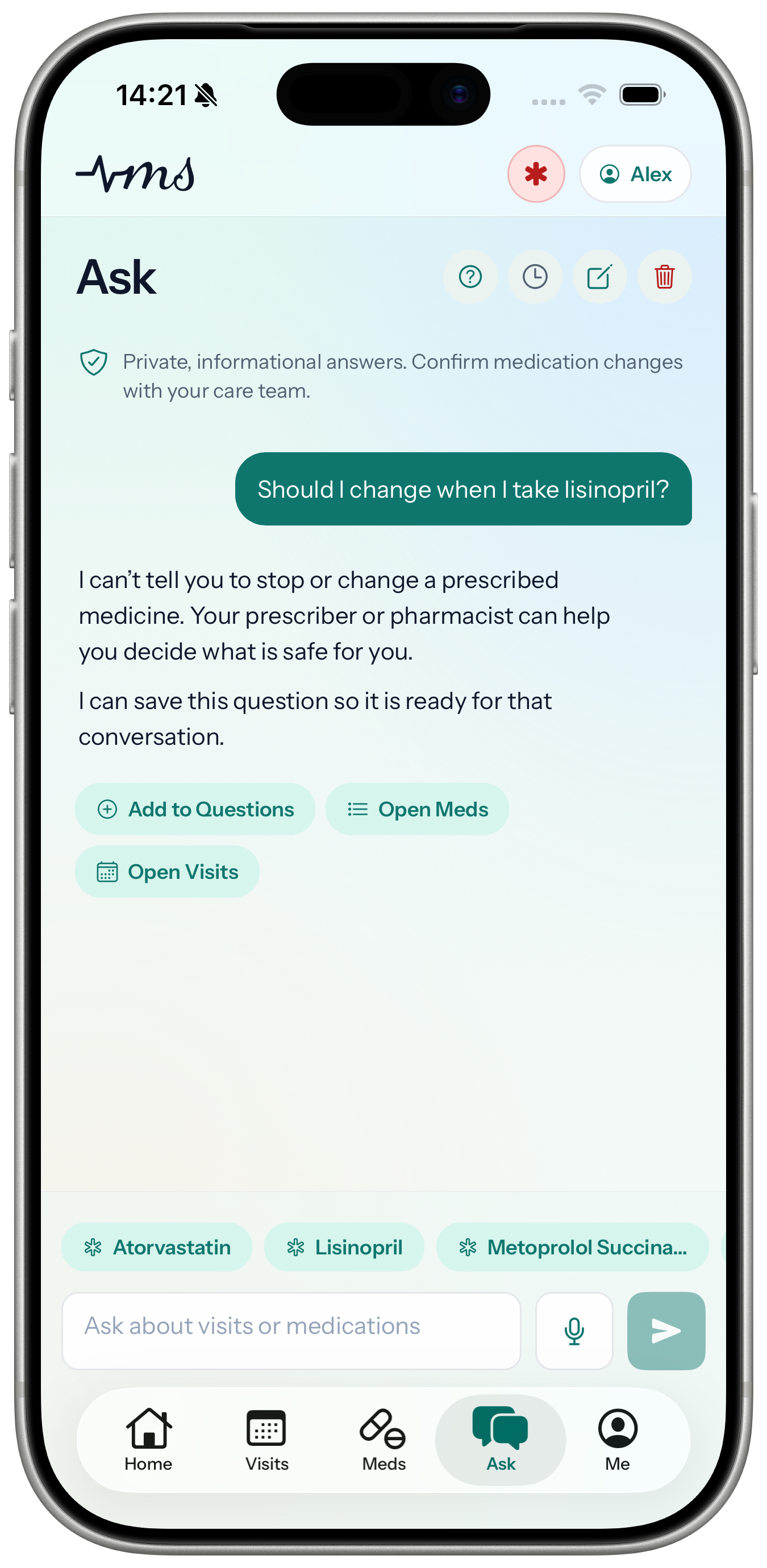 Medscribe Ask response shown in an iPhone 17 Pro product bezel