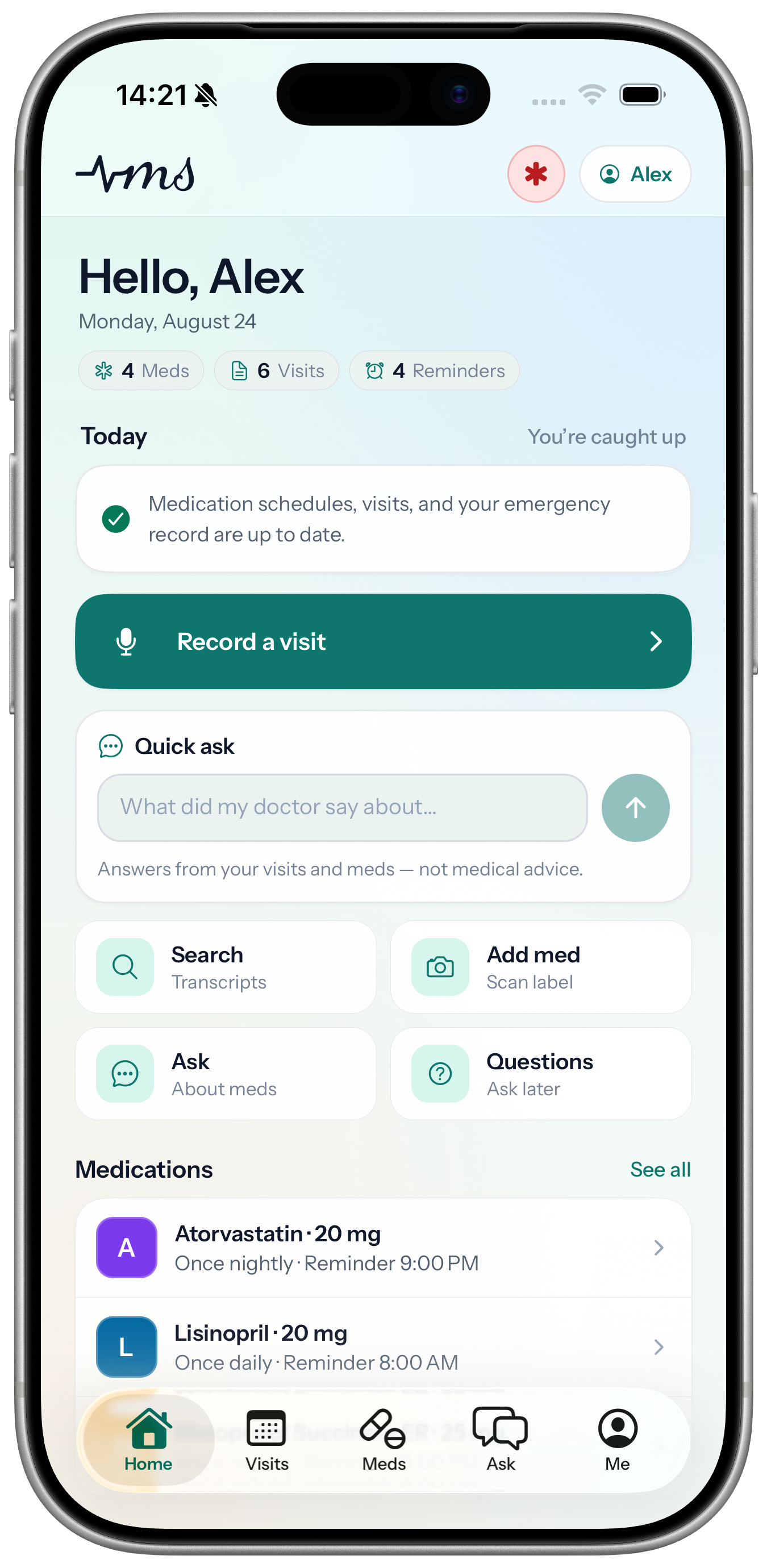 Medscribe home screen in an iPhone 17 Pro product bezel
