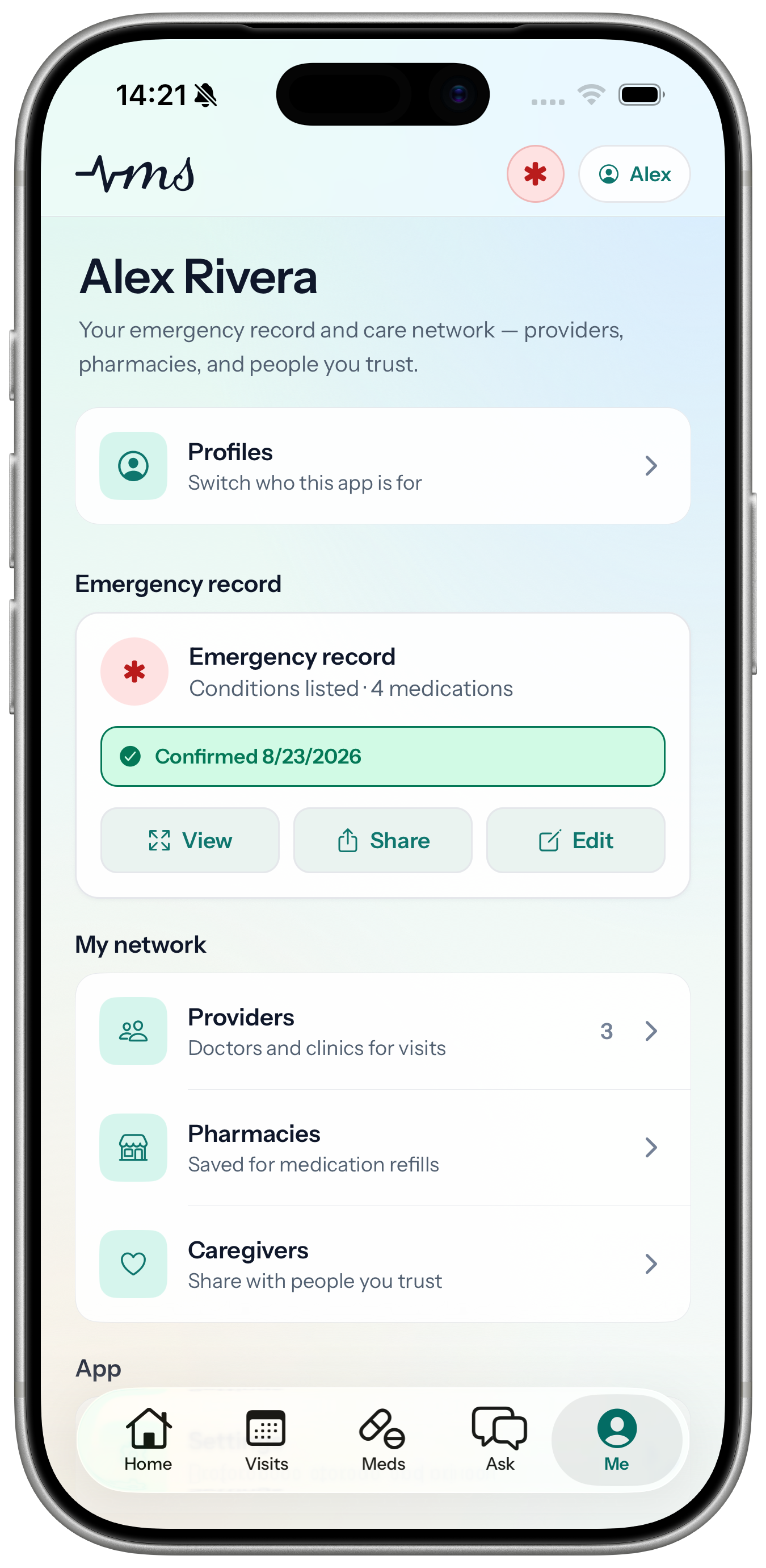 Medscribe Know Me handoff record in an iPhone 17 Pro product bezel