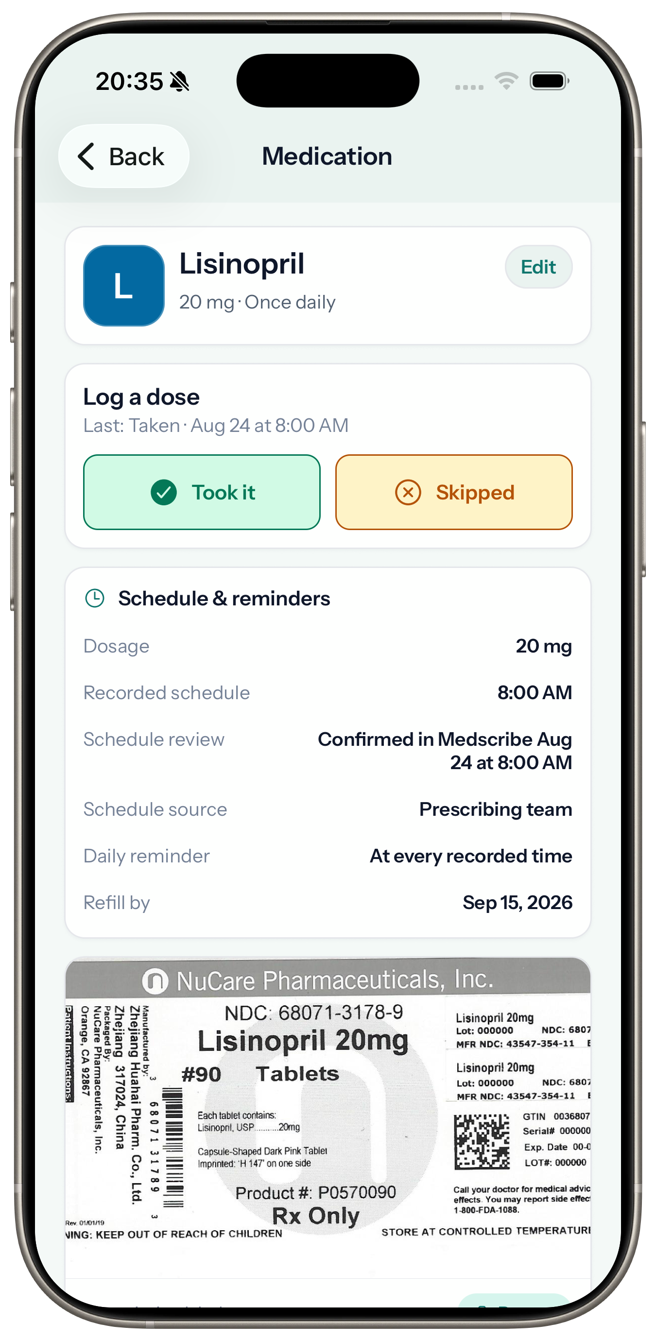 Medscribe medication detail in an iPhone 17 Pro product bezel