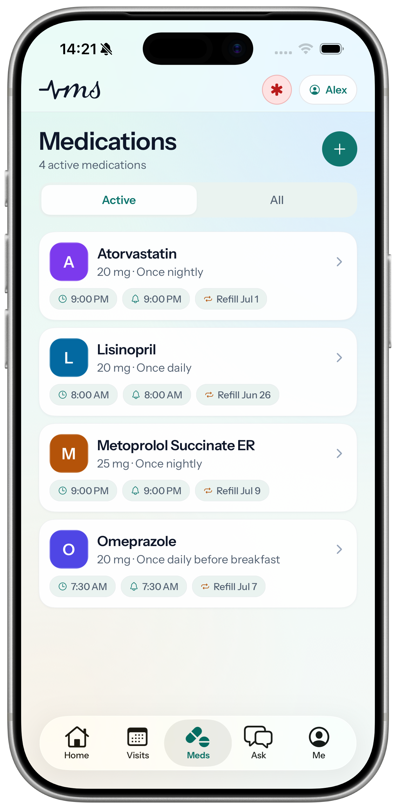 Medscribe medication list in an iPhone 17 Pro product bezel