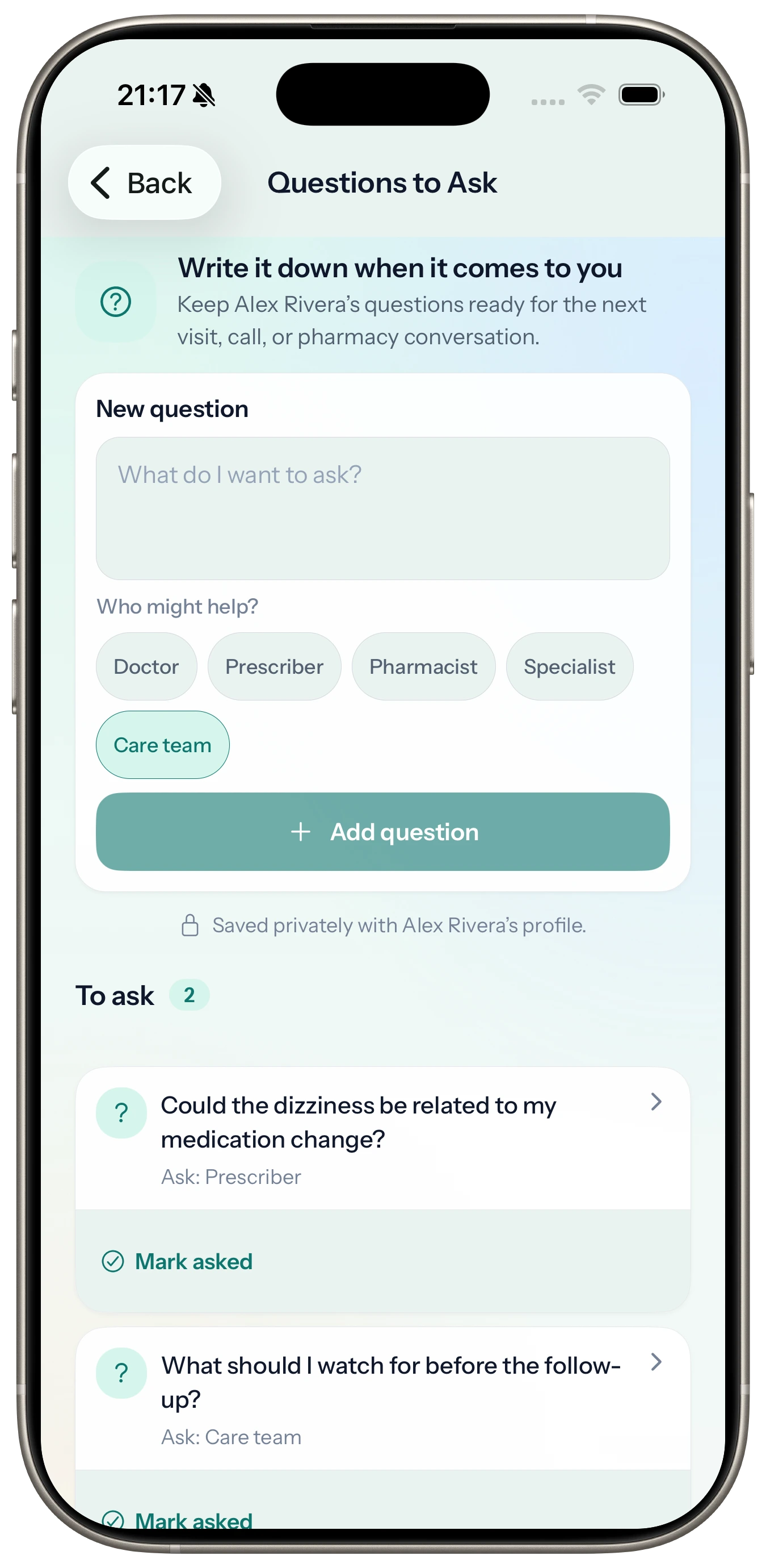 Medscribe Questions to ask interface shown in an iPhone 17 Pro product bezel