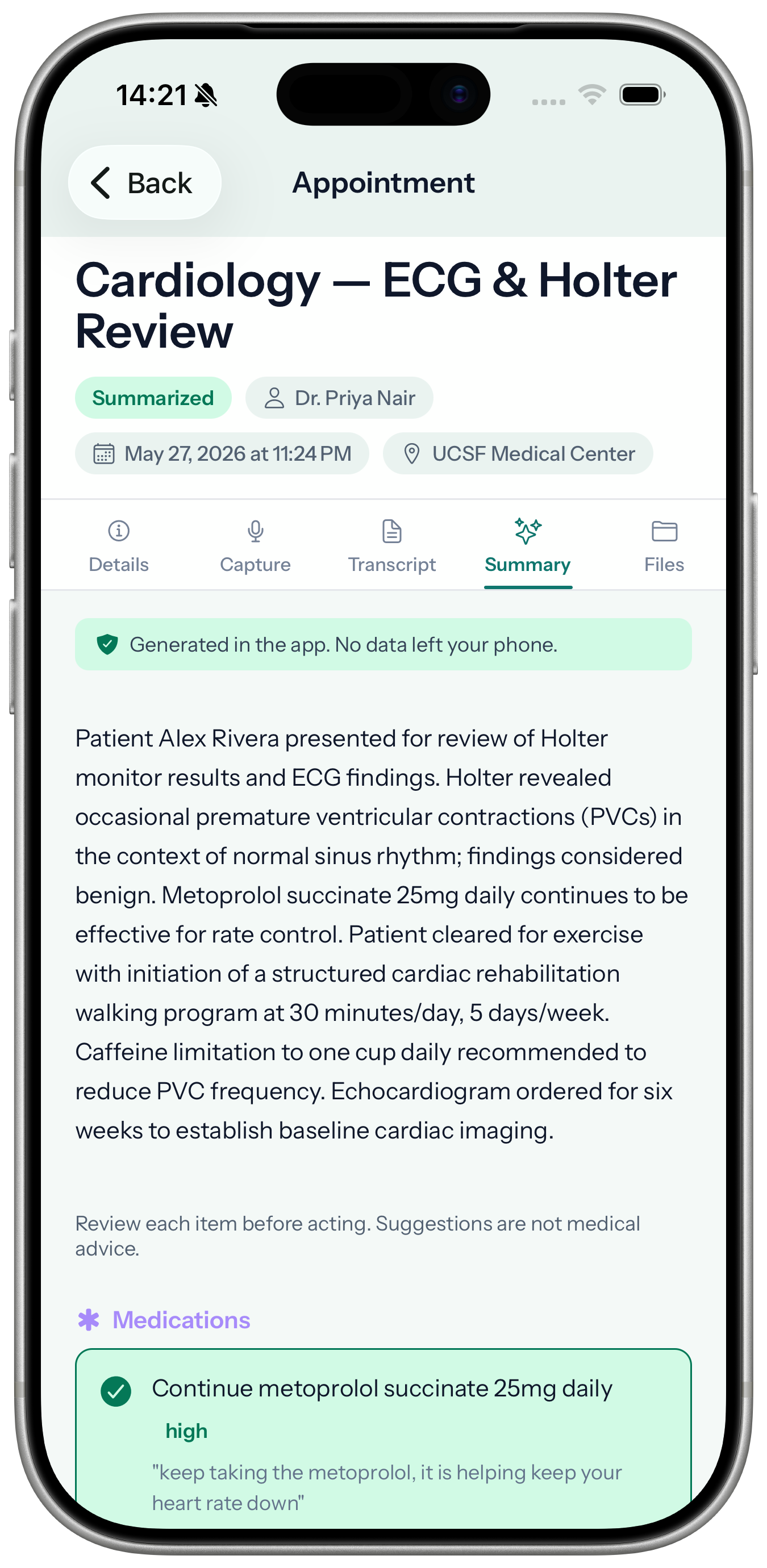 Medscribe visit summary in an iPhone 17 Pro product bezel