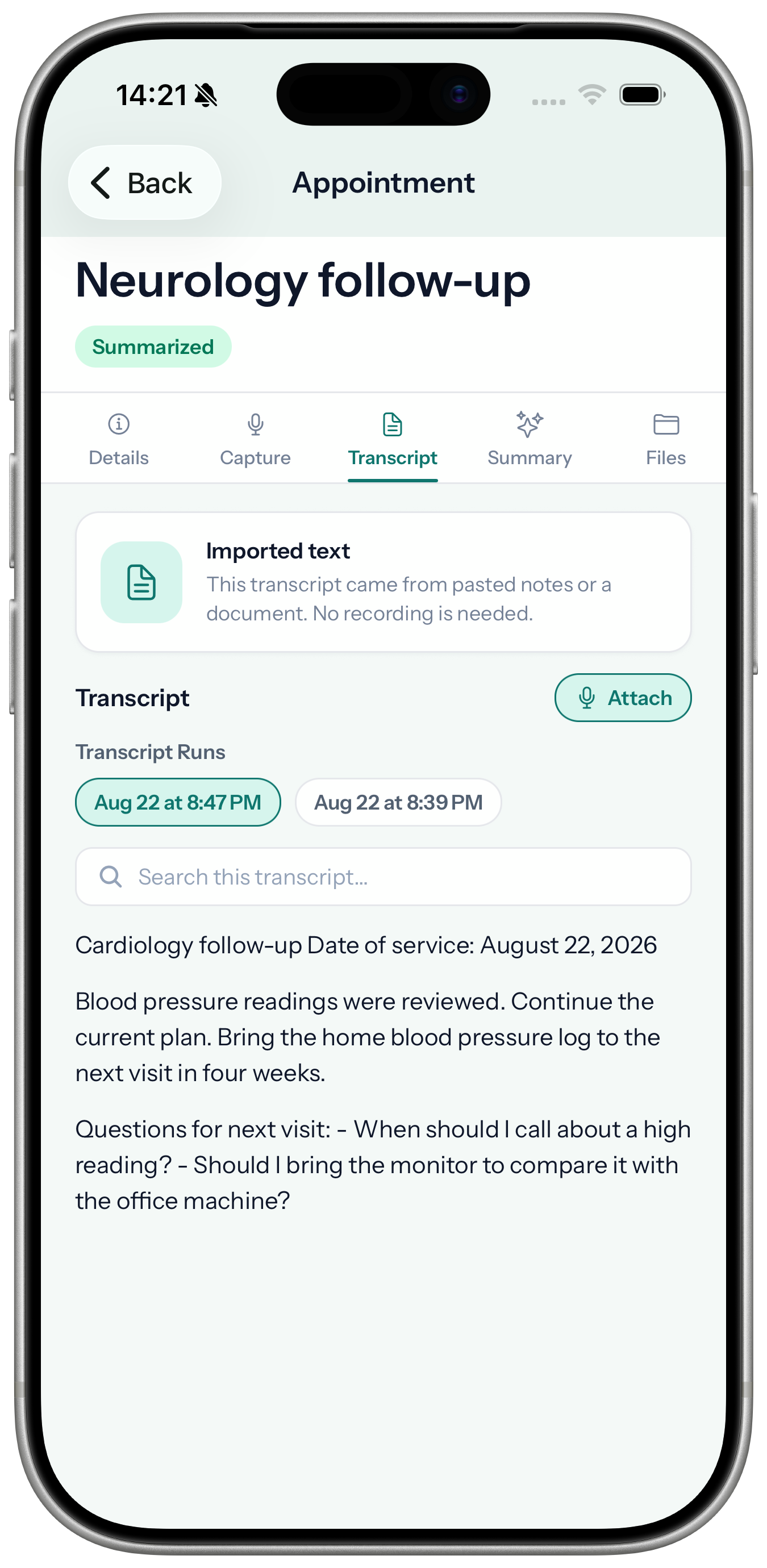 Medscribe visit transcript in an iPhone 17 Pro product bezel